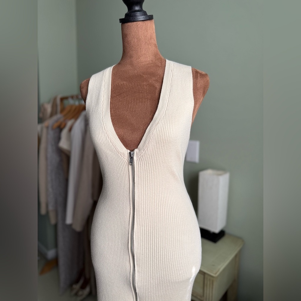 Open Edit Cream Butter Yellow Midi Dress with Front Zip - Picture 3 of 7